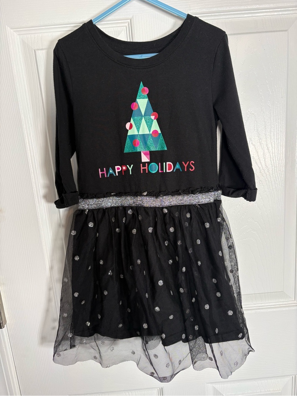 Cat & Jack Girls Black 'Happy Holidays' Christmas Tree Tulle Dress Size S (6-6X)